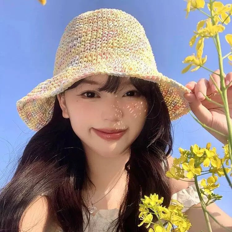 Dopamine-Inspired Woven Sun Hat – Wide Brim Bucket Hat | Summer UV Protection & Face-Slimming