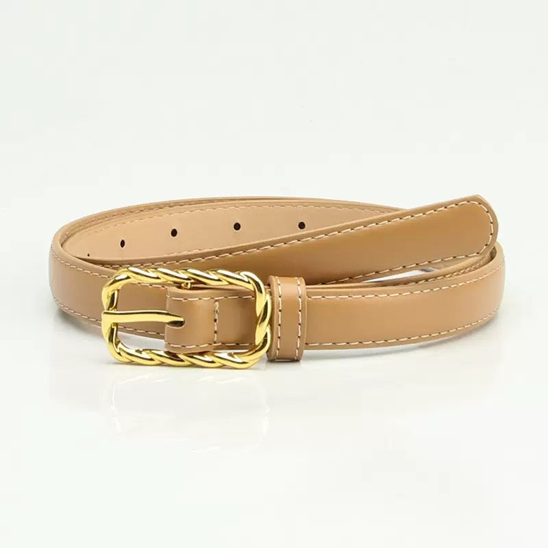 Elegant Twist Chain Buckle Belt for Women – PU Leather Waist Belt, Gold Alloy Pin Buckle, Casual Slim Dress or Blazer Accessory