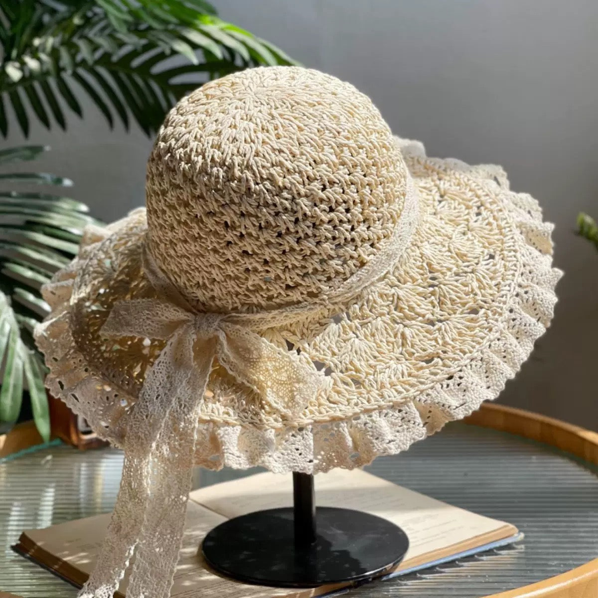 Foldable Crochet Lace Sun Hat – Handmade Summer Beach Hat with Bow