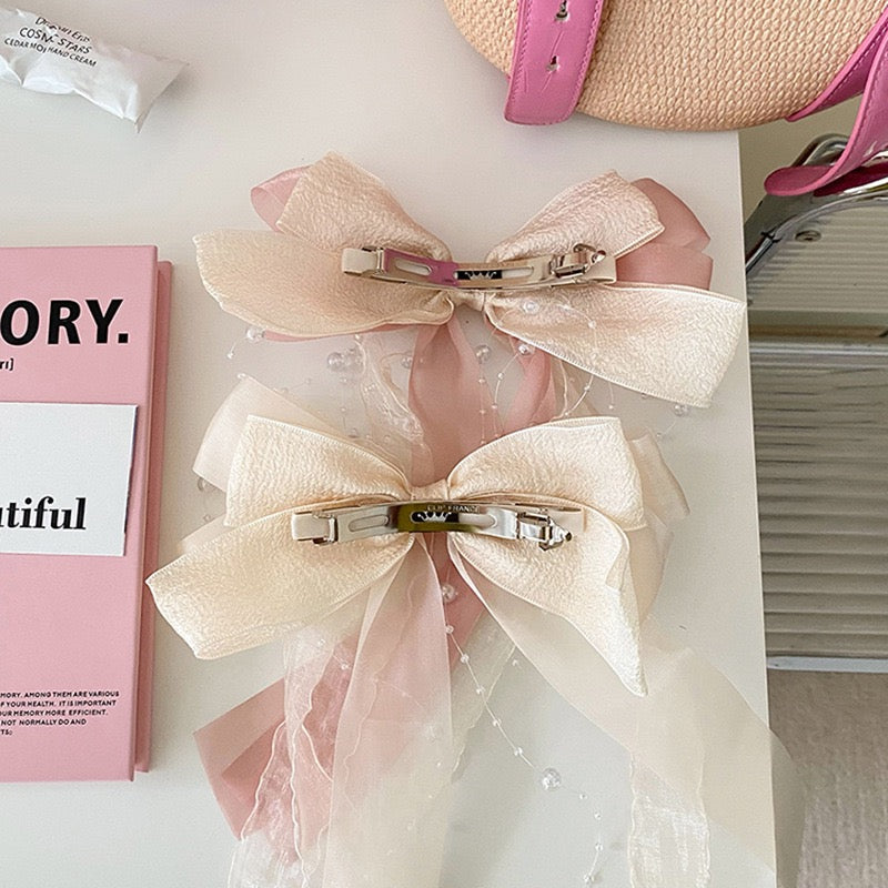 Exquisite Tulle Summer Bow Hair Clip with Multi-Layer Floating Ribbons, Pearl Beads, Chain, and Spring Clip, High-End Back Head Hair Accessory