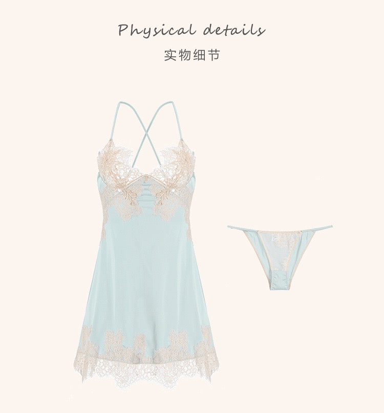 Sexy Lace Low-Cut Sleepwear with Straps, Backless Satin Thin Strap Chemise Nightgown Lingerie Set (Includes Panties)