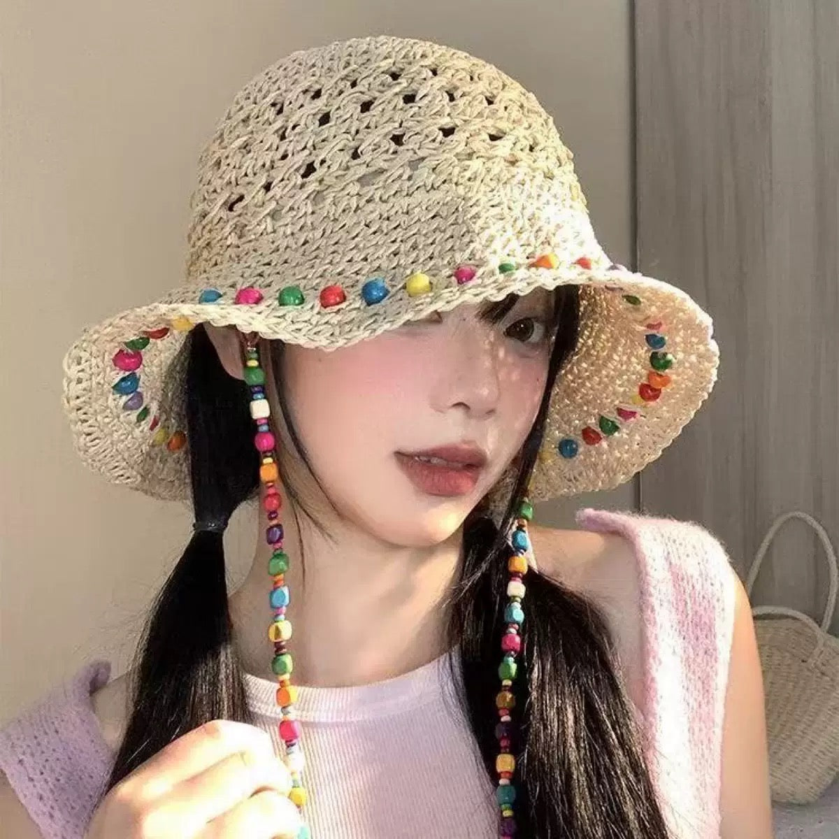 Boho Beaded Crochet Bucket Hat – Handmade Straw Sun Hat | 56–58cm