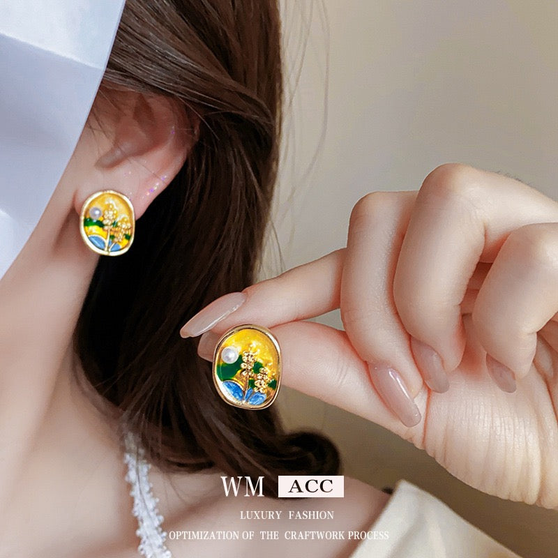 Yellow Silver Needle Pearl Wheat Oil Drop Earrings (Real-Gold Plating)