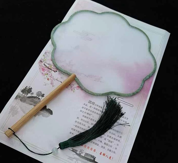 DIY Silk Fan – Blank Shujian Painting Surface │ 21 cm Round, 15 cm Wooden Handle │ Colorful Tassel │ Traditional Chinese Craft