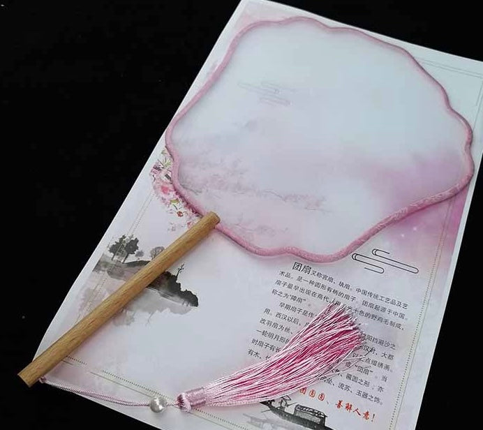DIY Silk Fan – Blank Shujian Painting Surface │ 21 cm Round, 15 cm Wooden Handle │ Colorful Tassel │ Traditional Chinese Craft