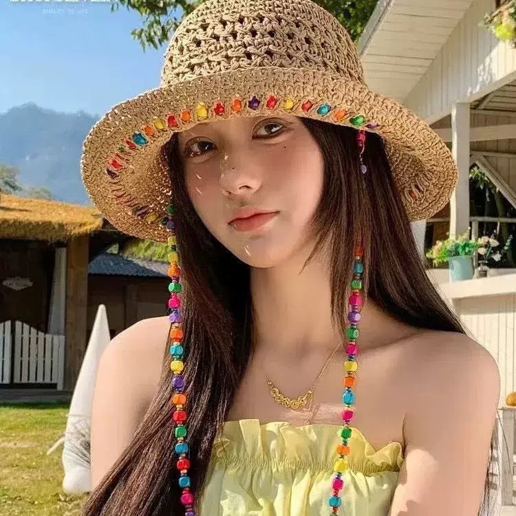 Boho Beaded Crochet Bucket Hat – Handmade Straw Sun Hat | 56–58cm