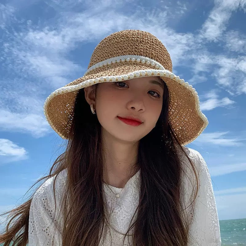Pearl Trim Woven Straw Sun Hat – Lightweight Summer Beach Hat for Women | Wide Brim UV Protection