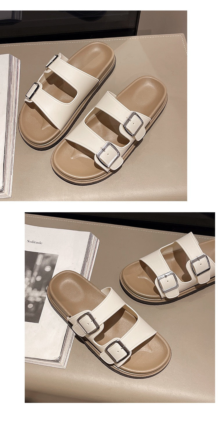 Women’s Double Strap Buckle Slides – Cream & Olive