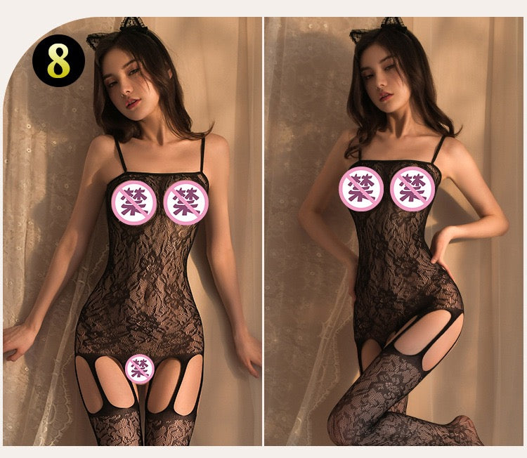 Sheer Hollow-Out Fishnet Bodystocking, Open-Crotch Nightdress, Erotic Uniform Set