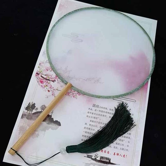 DIY Silk Fan – Blank Shujian Painting Surface │ 21 cm Round, 15 cm Wooden Handle │ Colorful Tassel │ Traditional Chinese Craft