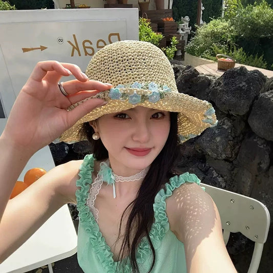 Mint Floral Lace Straw Sun Hat – Wide Brim Crochet Beach Hat