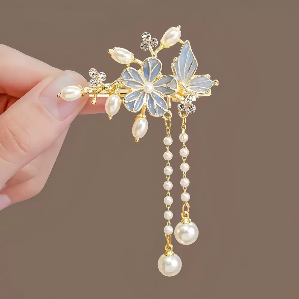 Butterfly & Flower Tassel Hair Clip – Elegant Chinese Vintage Style Duckbill Side Clip for Women