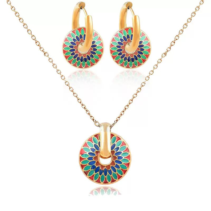 Retro Enamel Jewelry Set – Colorful Drop Glaze Hoop Earrings & Pendant Necklace (2-Piece Set)