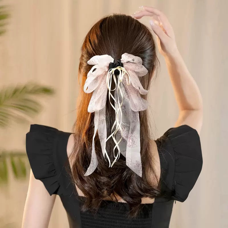 Elegant Chinese Style Ribbon Bow Hair Claw Clip – Fairy-Inspired Flowing Tassel Hair Accessory for Summer Half-Up Styles (13cm)
