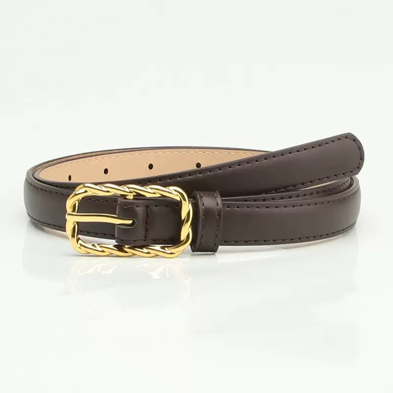 Elegant Twist Chain Buckle Belt for Women – PU Leather Waist Belt, Gold Alloy Pin Buckle, Casual Slim Dress or Blazer Accessory