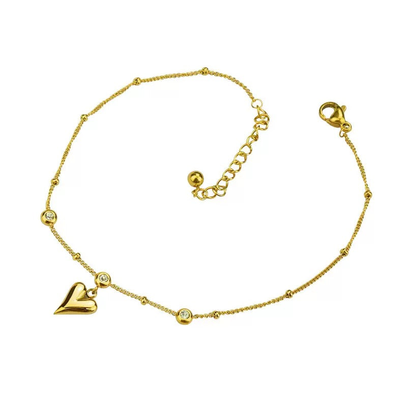 18K Gold-Plated Titanium Steel Heart Bracelet – Dainty Women’s Chain with Crystal Accents (20cm + 5cm Extender