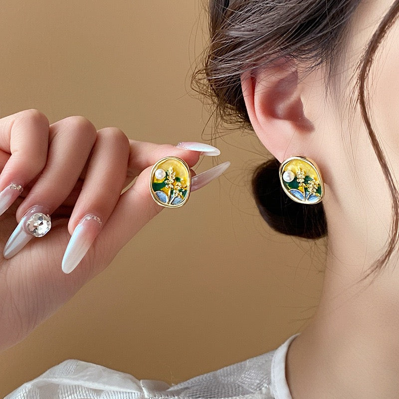 Yellow Silver Needle Pearl Wheat Oil Drop Earrings (Real-Gold Plating)