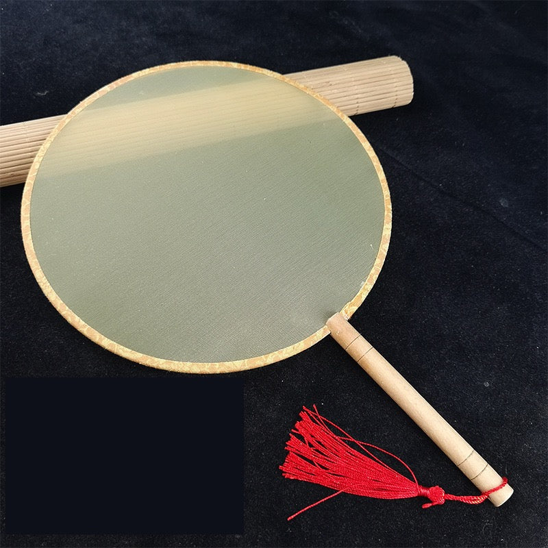 DIY Silk Fan – Blank Shujian Painting Surface │ 21 cm Round, 15 cm Wooden Handle │ Colorful Tassel │ Traditional Chinese Craft