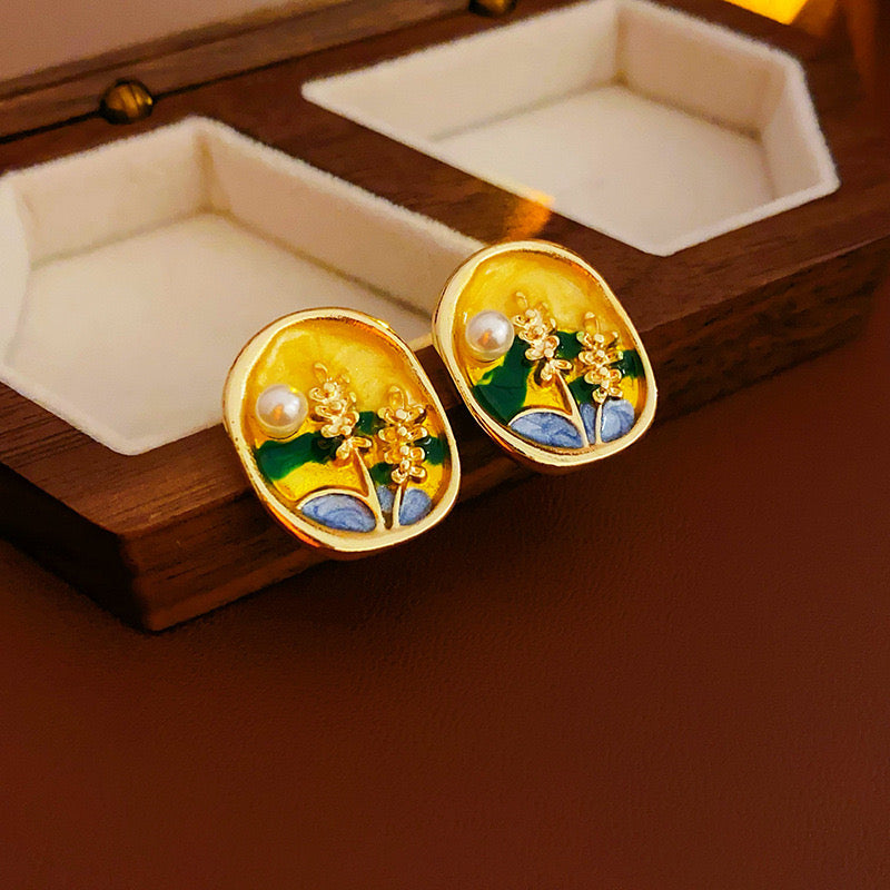 Yellow Silver Needle Pearl Wheat Oil Drop Earrings (Real-Gold Plating)