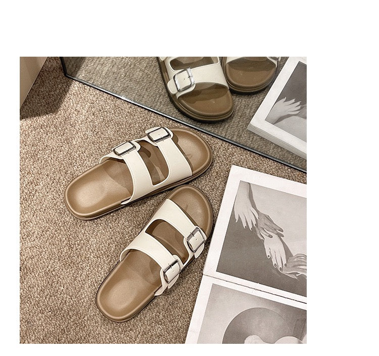 Women’s Double Strap Buckle Slides – Cream & Olive