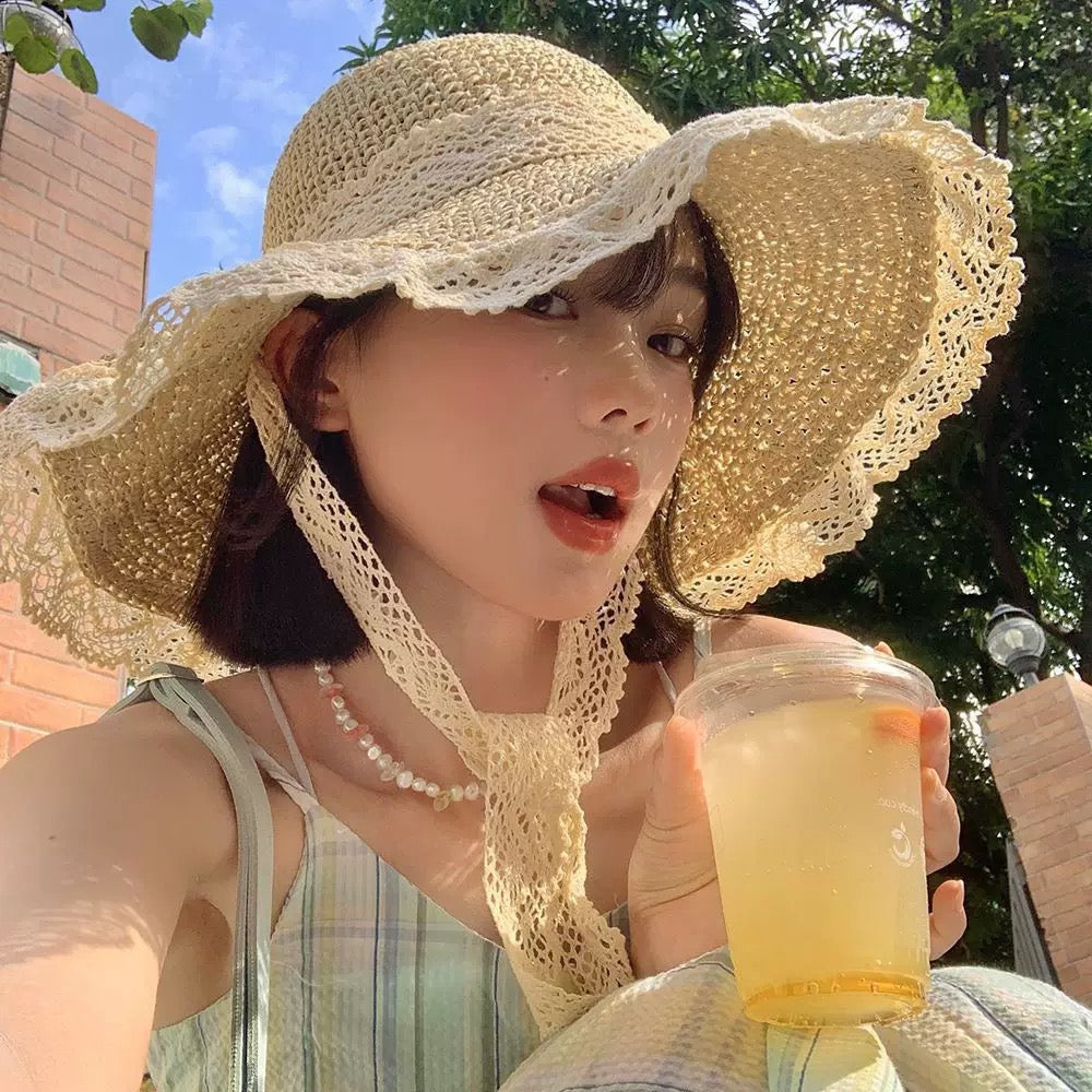 Crochet Lace Tie Sun Hat – Wide Brim Hollow Straw Hat for Women