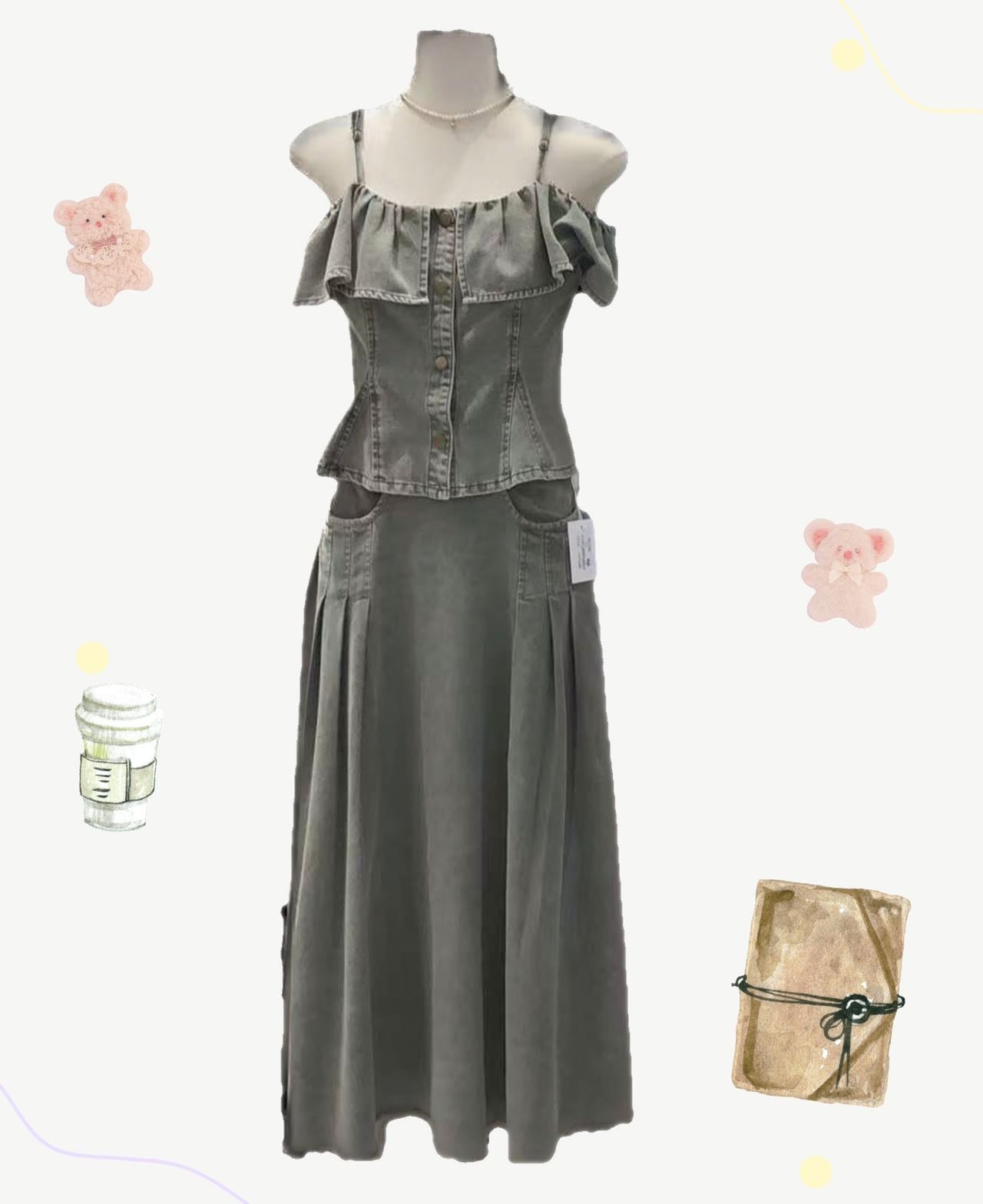 Soft denim fabric ruffled halter denim micro maxi skirt