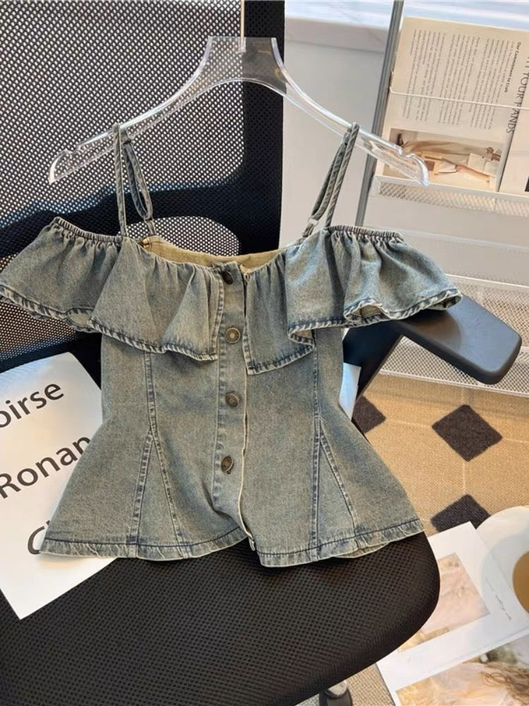 Soft denim fabric ruffled halter denim micro maxi skirt