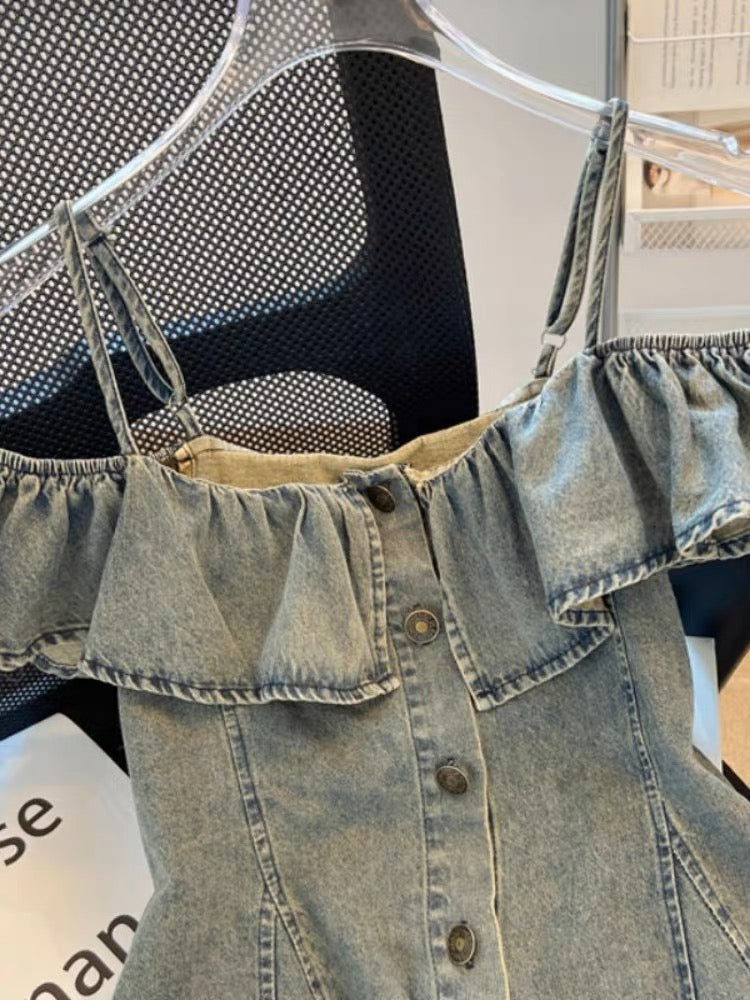 Soft denim fabric ruffled halter denim micro maxi skirt