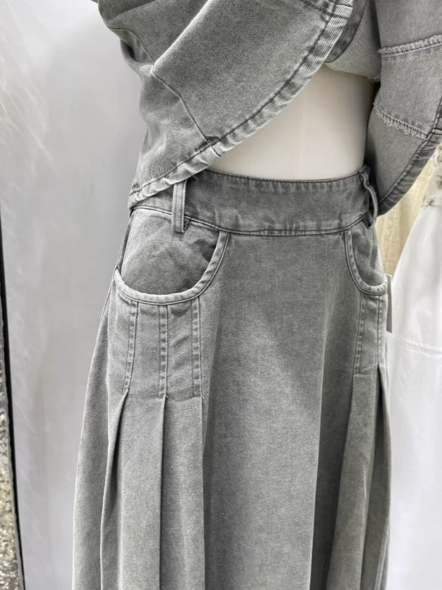 Soft denim fabric ruffled halter denim micro maxi skirt