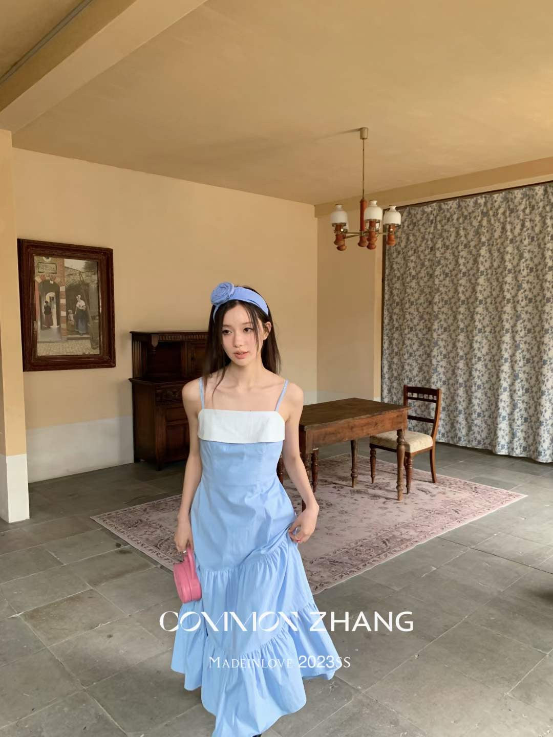 Blue Backless Rustic Cotton Long Dress