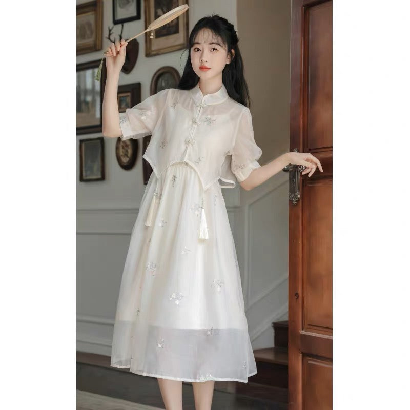 New Chinese Apricot Embroidery Republican Style Two Piece Set