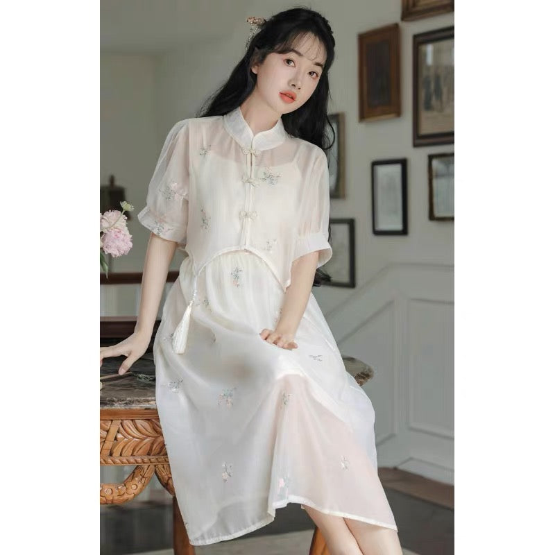 New Chinese Apricot Embroidery Republican Style Two Piece Set
