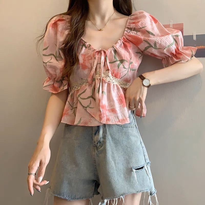Plus Size French Pink Bubble Sleeve Short Sleeve