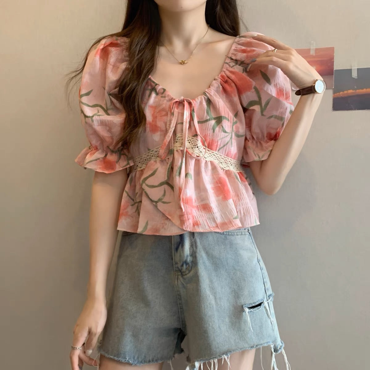 Plus Size French Pink Bubble Sleeve Short Sleeve
