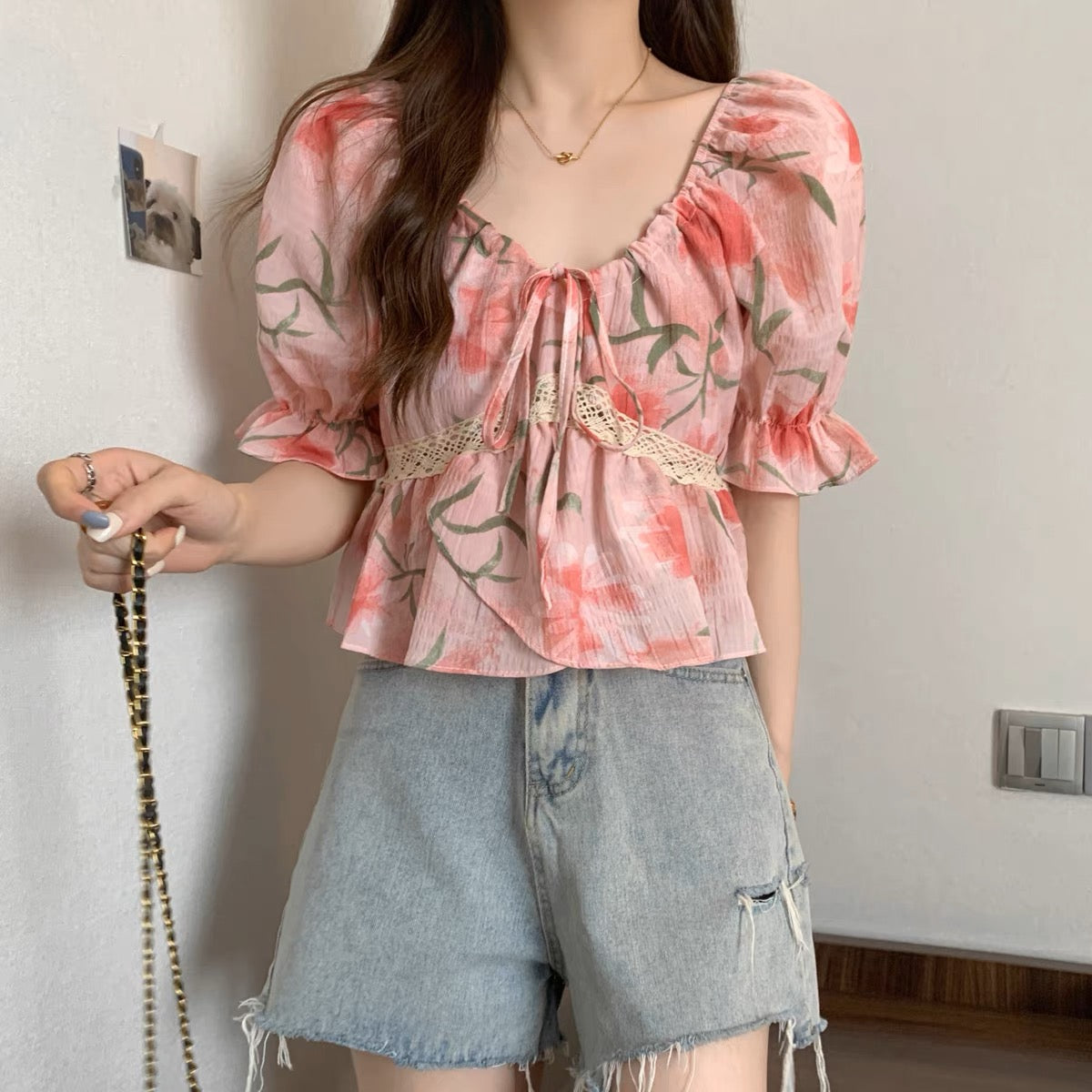 Plus Size French Pink Bubble Sleeve Short Sleeve