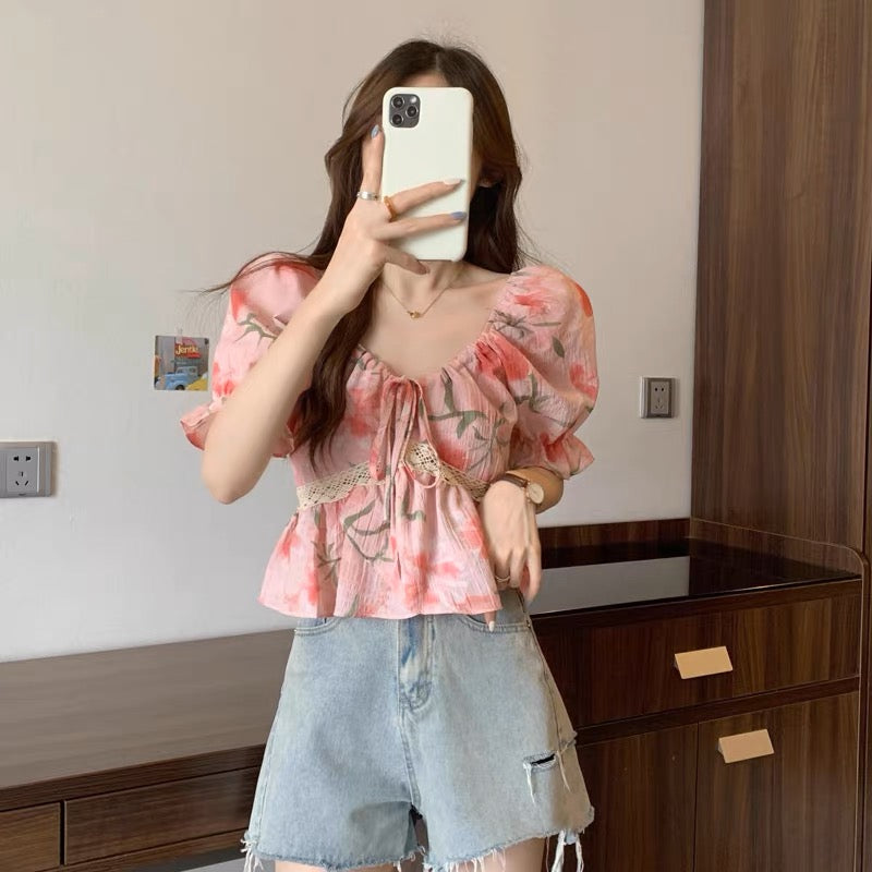 Plus Size French Pink Bubble Sleeve Short Sleeve