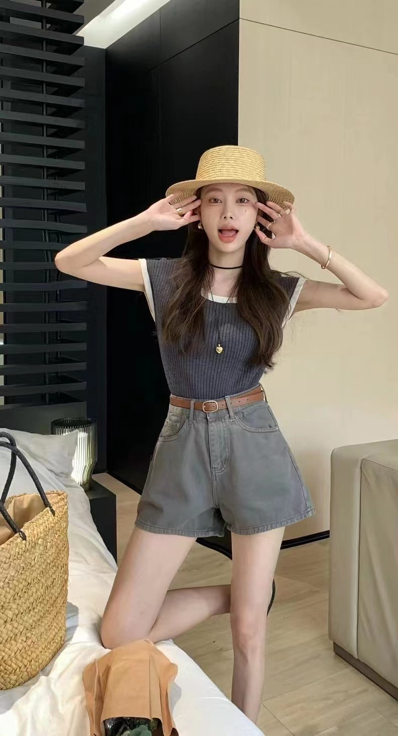 high-waisted, wide-legged A-shape denim shorts (4 colors option)