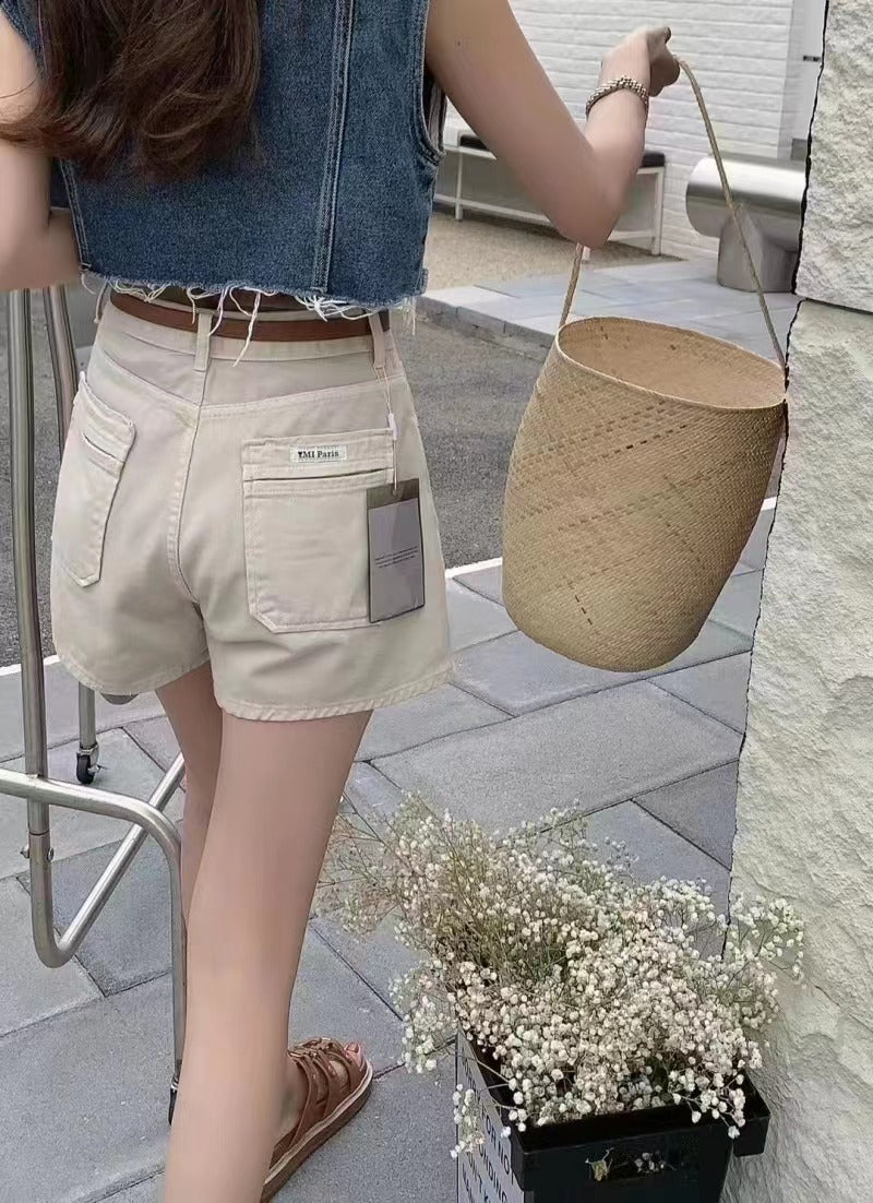 high-waisted, wide-legged A-shape denim shorts (4 colors option)