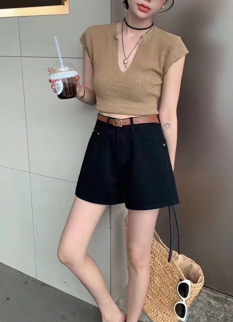 high-waisted, wide-legged A-shape denim shorts (4 colors option)