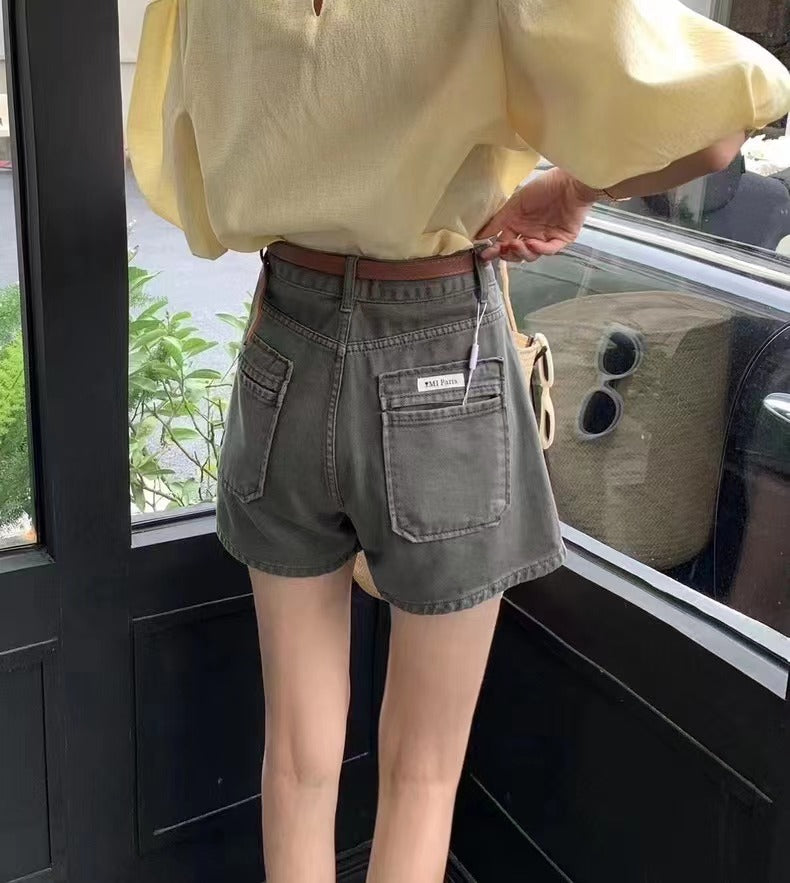 high-waisted, wide-legged A-shape denim shorts (4 colors option)