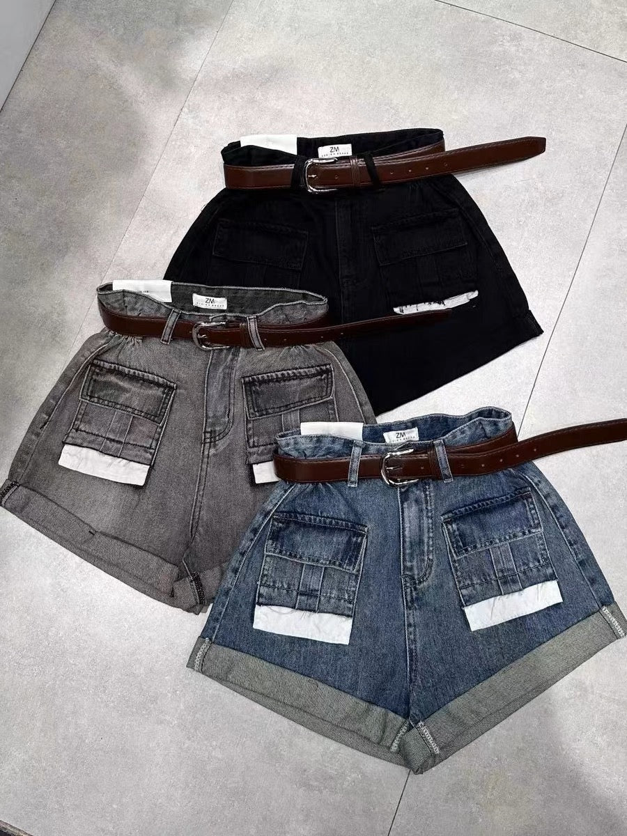 Rolled Hem Color-blocked Pocket High-Waisted Denim Shorts (3 Colors optional)