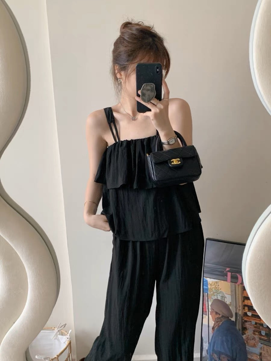 Black Suspender Short Sleeve Trouser Two Piece Set