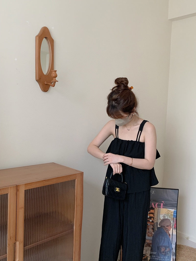 Black Suspender Short Sleeve Trouser Two Piece Set