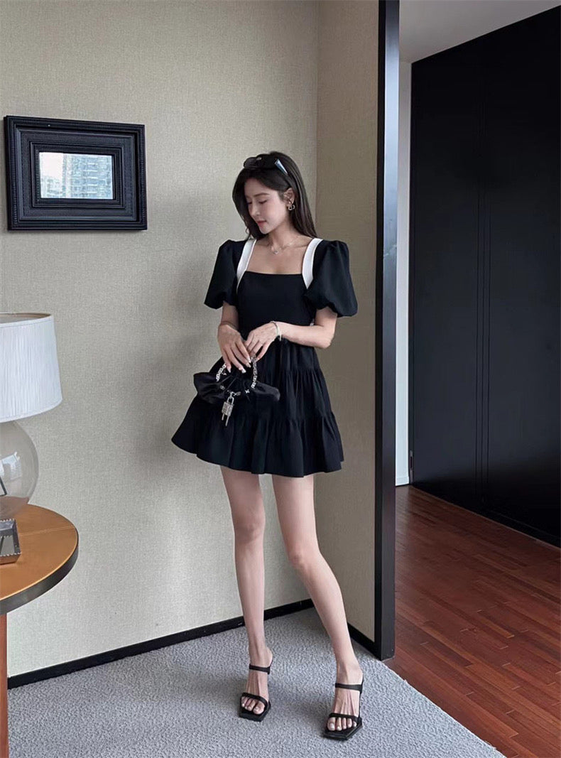Big V Backless Bow Bubble Sleeve Black Dress