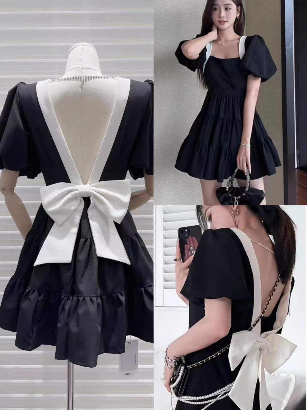Big V Backless Bow Bubble Sleeve Black Dress