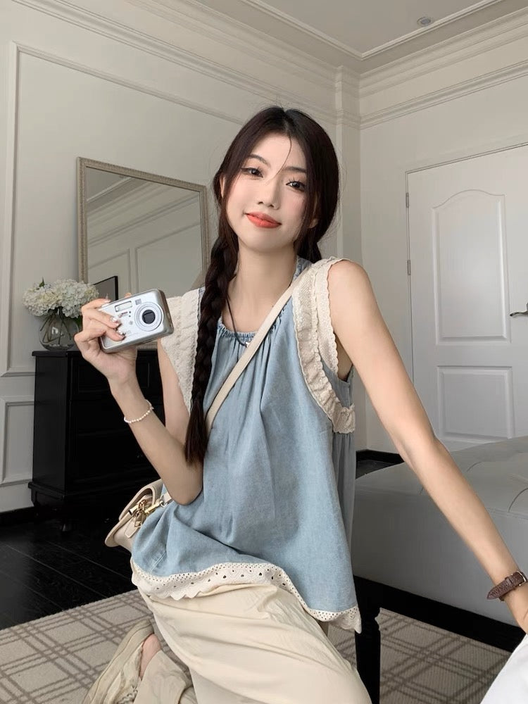 Lace Spliced Denim Sleeveless Crew Neck Top(2 colors option)