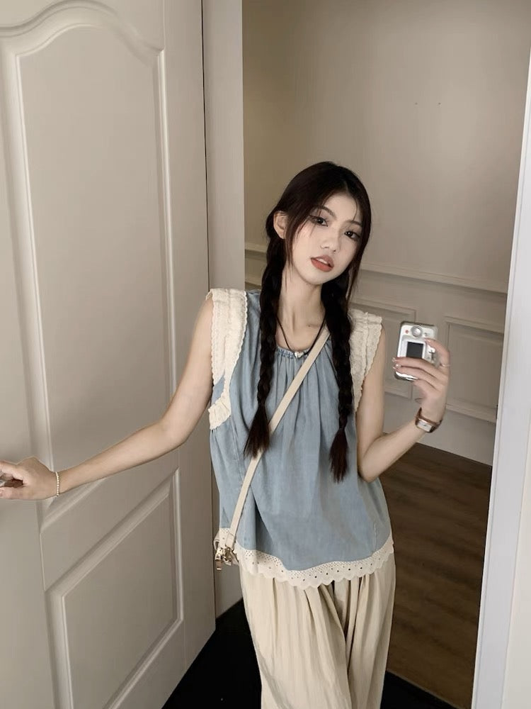 Lace Spliced Denim Sleeveless Crew Neck Top(2 colors option)