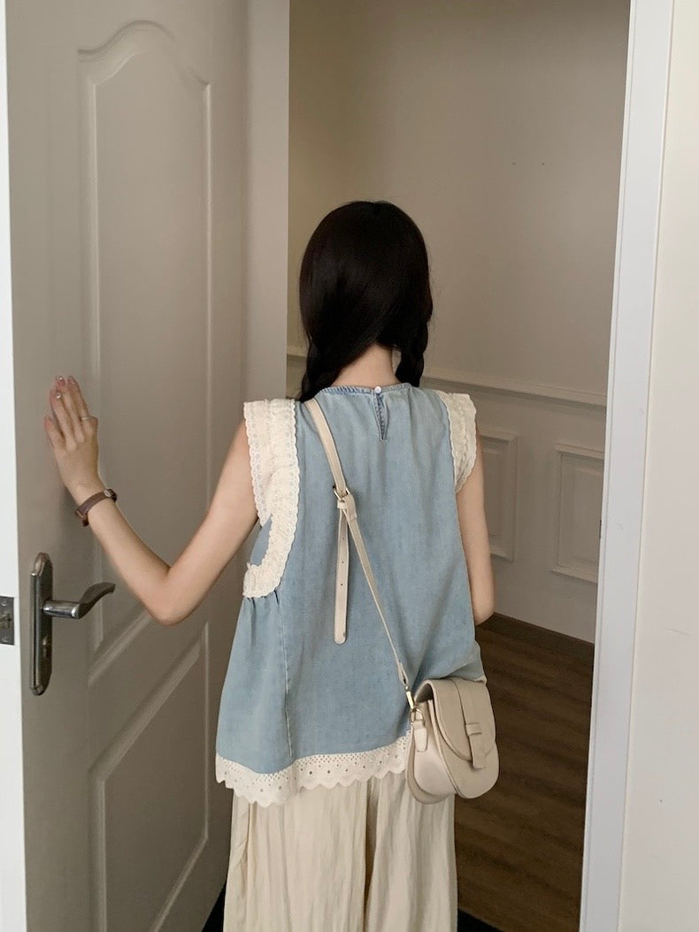 Lace Spliced Denim Sleeveless Crew Neck Top(2 colors option)