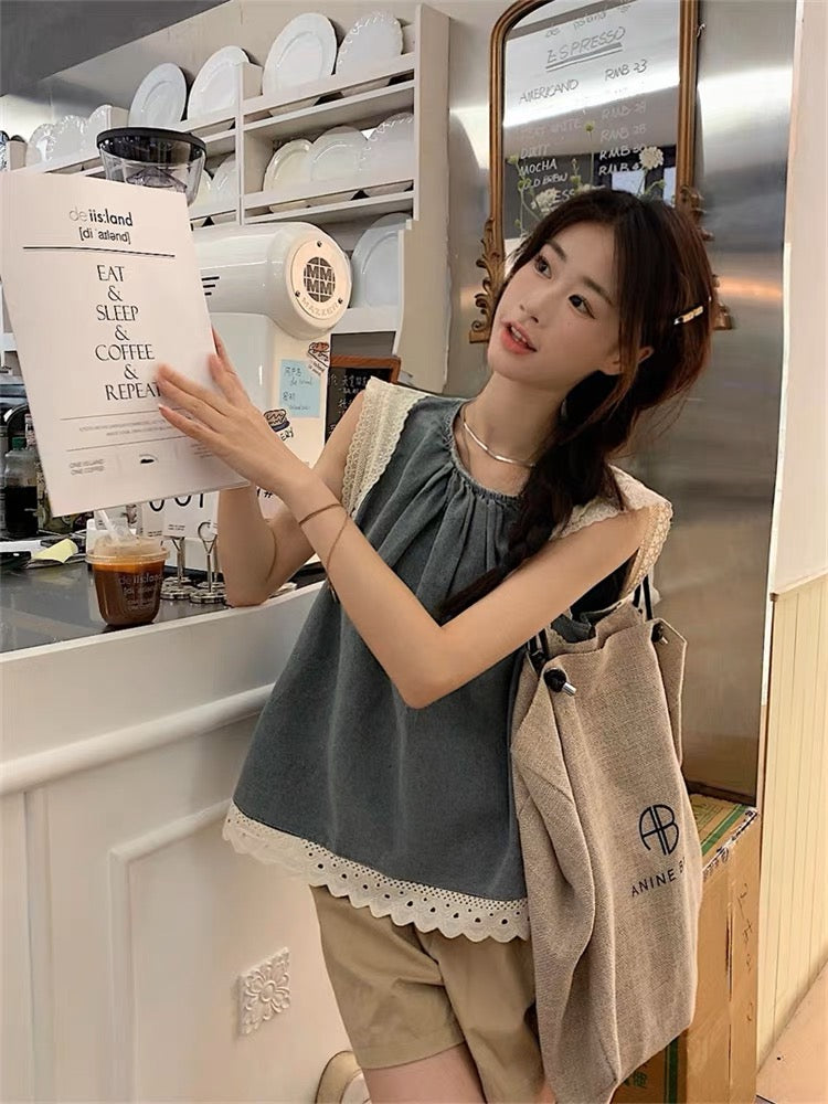 Lace Spliced Denim Sleeveless Crew Neck Top(2 colors option)