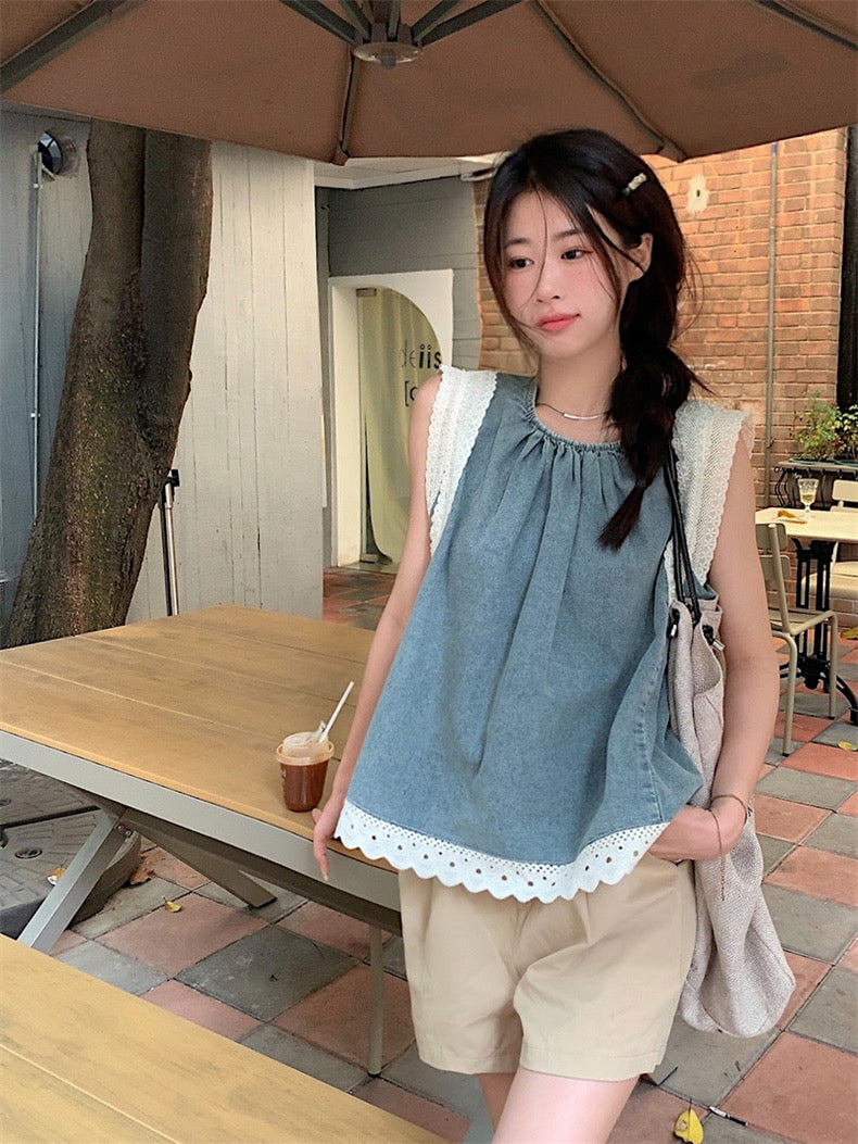 Lace Spliced Denim Sleeveless Crew Neck Top(2 colors option)
